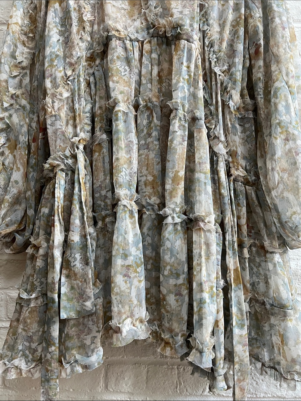 OPT Green Gray longsleeve V neck Chiffon mini dress Ruffle trim Adjustable ties - Picture 7 of 16